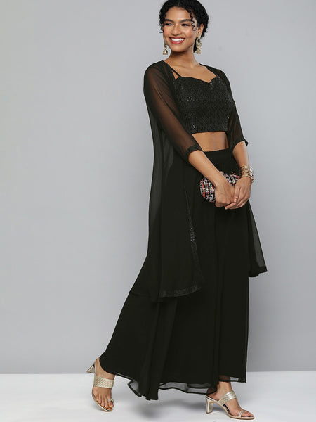 Women Black Embroidered Sequin Crop Top With Palazzo Pants And Shrug VitansEthnics