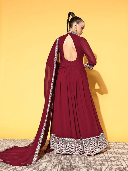 Women Maroon Embroidered Gown with Dupatta VitansEtnics