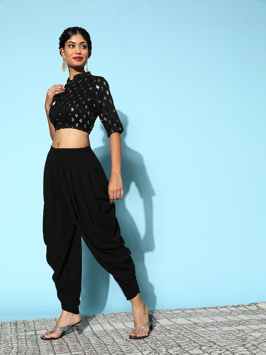 Crop Top With Dhoti Pants And Long Shrug Set - VitansEthnics | Indian crop  tops, Indo western dresses for women, Indo western dress