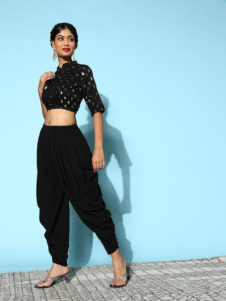 Black Sequin Crop Top With Dhoti Pants And Dupatta Set vitansethnics