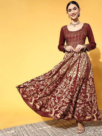 Women Maroon Ethnic Motifs Swirling Volume Dress VitansEthnics