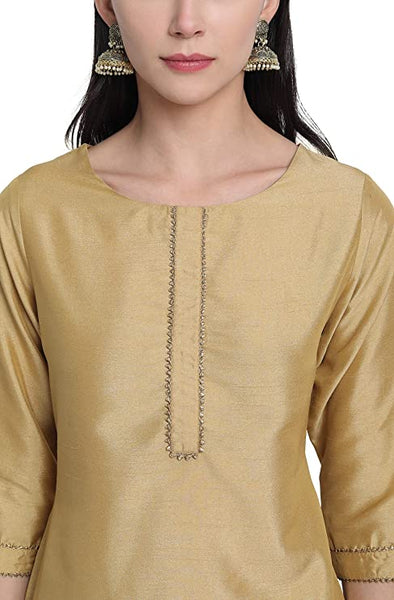 Women's Gold Poly Silk Solid Kurta with Pant and Dupatta vitansethnics