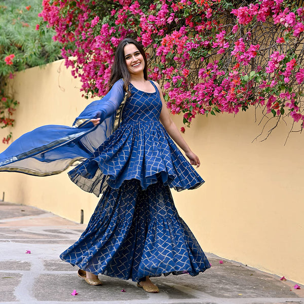 Women Blue Sleeveless Kurta with Sharara Pants & Dupatta Set vitansethnics