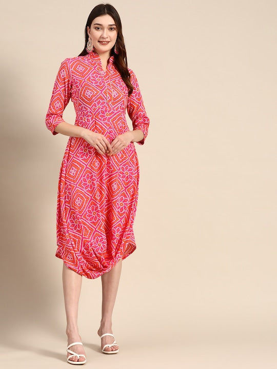 Front Cowl Chinese Collar Printed Dress VitansEthnics