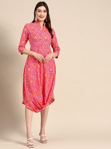 Front Cowl Chinese Collar Printed Dress VitansEthnics