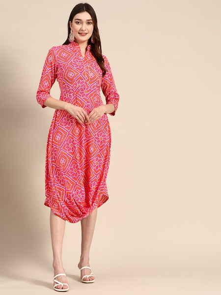 Front Cowl Chinese Collar Printed Dress VitansEthnics