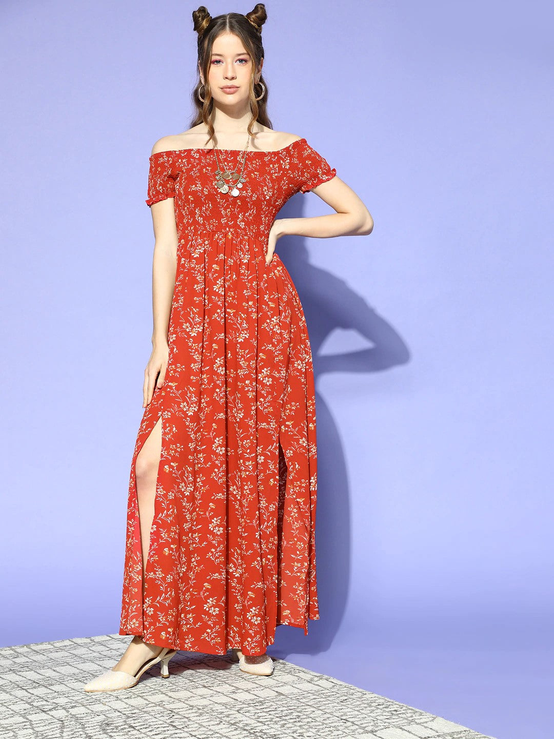 Women Gorgeous Red Floral Volume Play Dress VitansEtnics