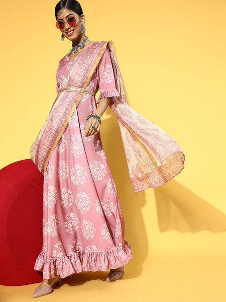 Women Pretty Pink Ethnic Motifs Draped Luxe Dress VitansEthnics