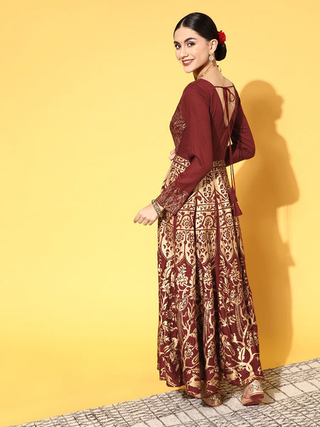 Women Maroon Ethnic Motifs Swirling Volume Dress VitansEthnics