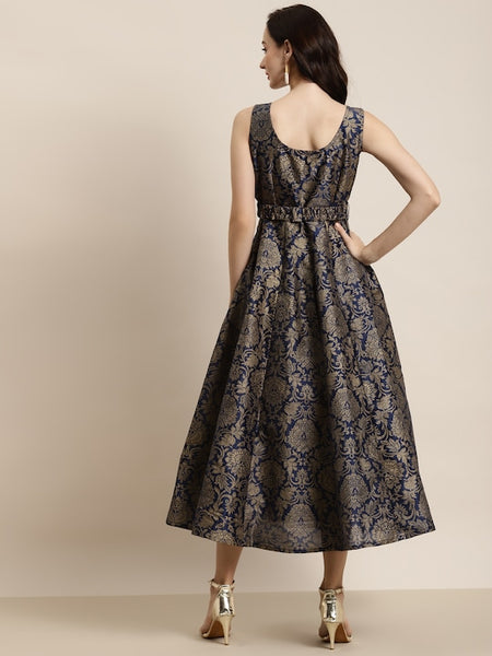 Floral Jacquard Self-Belt Maxi Dress VitansEthnics