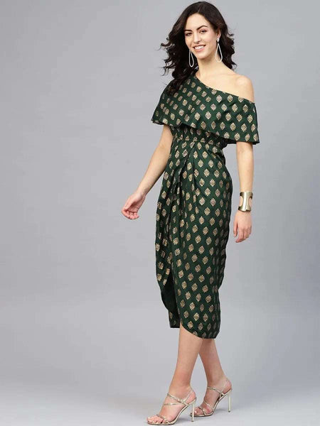 One Shoulder Yoke Overlap Gold Hand Block Print Dress vitansethnics