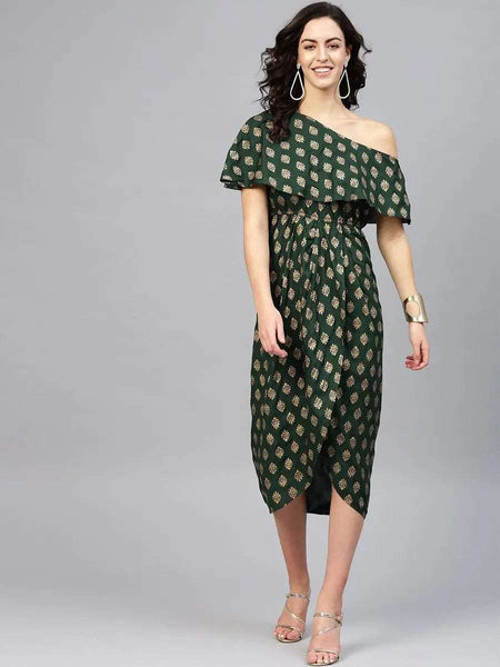 One Shoulder Yoke Overlap Gold Hand Block Print Dress vitansethnics