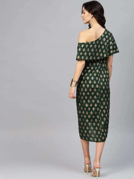 One Shoulder Yoke Overlap Gold Hand Block Print Dress vitansethnics