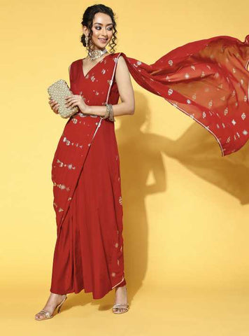 Maroon Ethnic Motifs Bling It On Saree Gown VitansEthnics