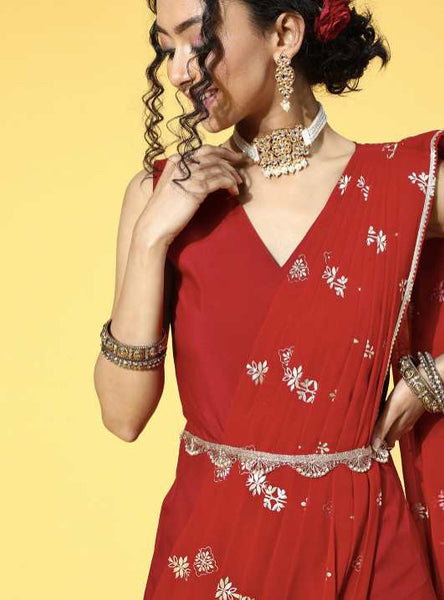 Maroon Ethnic Motifs Bling It On Saree Gown VitansEthnics
