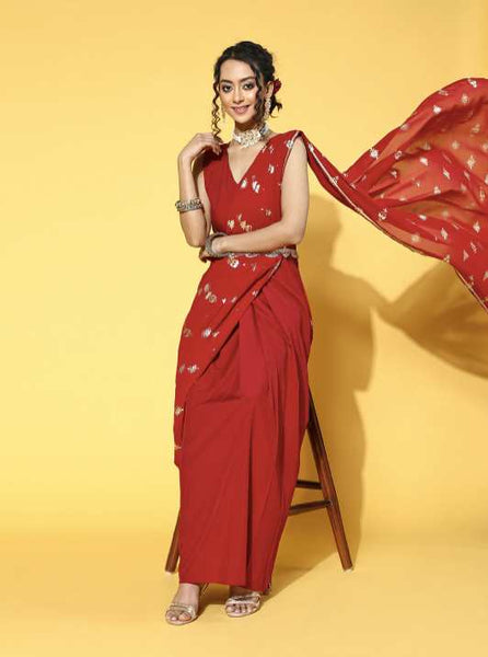 Maroon Ethnic Motifs Bling It On Saree Gown VitansEthnics