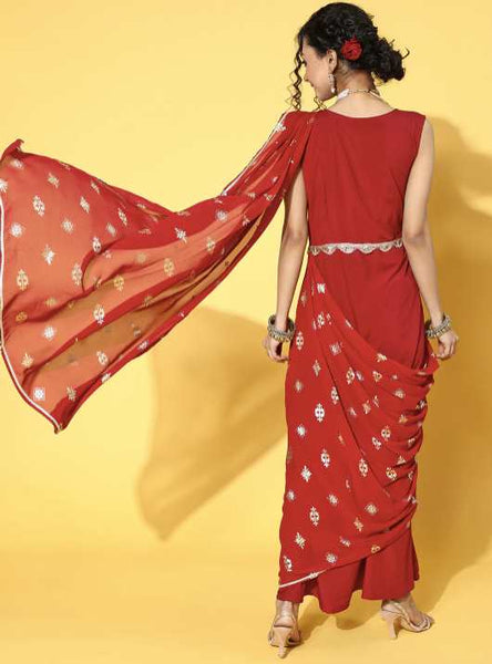 Maroon Ethnic Motifs Bling It On Saree Gown VitansEthnics