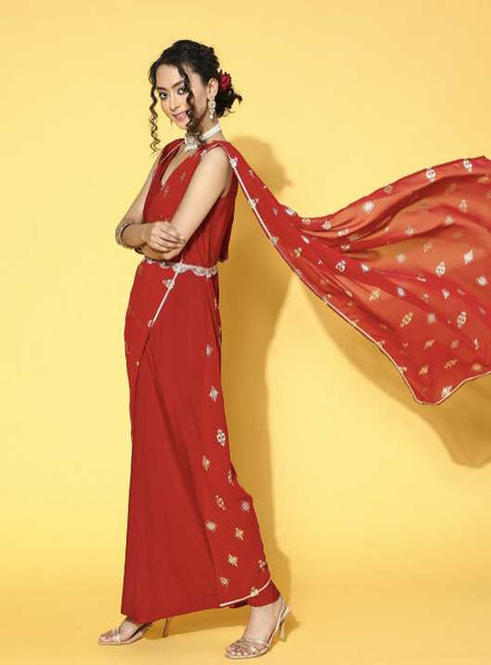 Maroon Ethnic Motifs Bling It On Saree Gown VitansEthnics