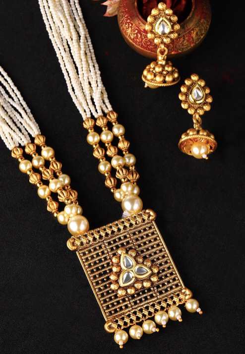 Gold-Plated & White Pearl-Embellished Jewellery Set VitansEthnics