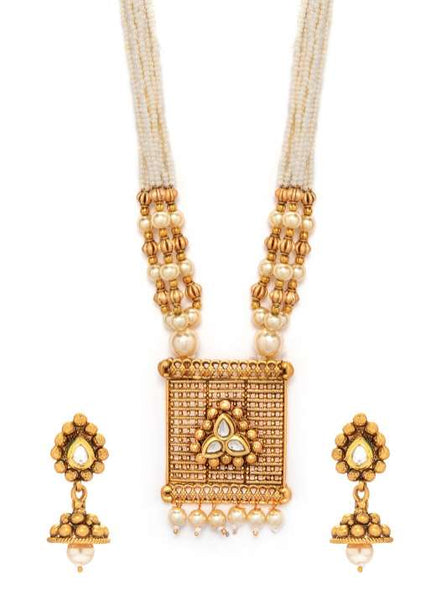 Gold-Plated & White Pearl-Embellished Jewellery Set VitansEthnics