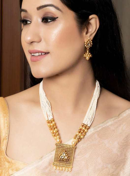 Gold-Plated & White Pearl-Embellished Jewellery Set VitansEthnics