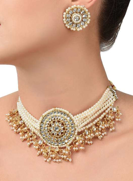 Gold-Plated White Kundan & Pearl Studded Multistrand Choker Jewelry Set VitansEthnics