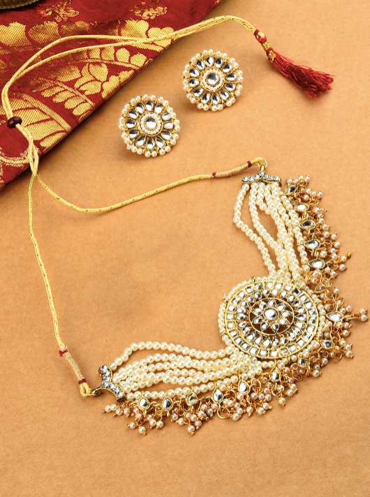 Gold-Plated White Kundan & Pearl Studded Multistrand Choker Jewelry Set VitansEthnics