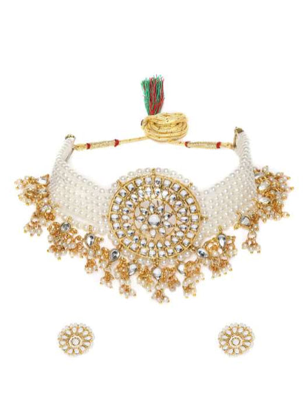Gold-Plated White Kundan & Pearl Studded Multistrand Choker Jewelry Set VitansEthnics