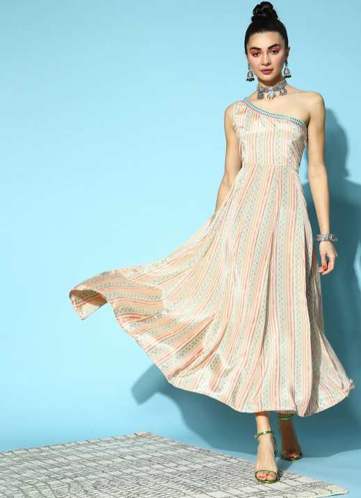 Classy Beige Geometric All in the Details Dress VitansEthnics