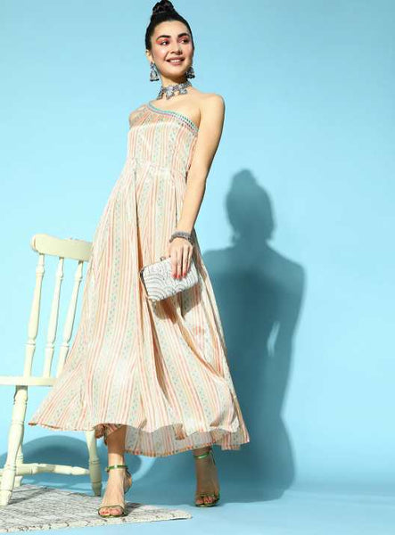 Classy Beige Geometric All in the Details Dress VitansEthnics