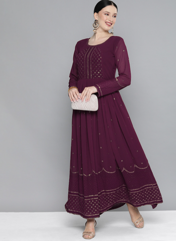 Purple Embellished Embroidered Georgette Maxi Dress vitansethnics