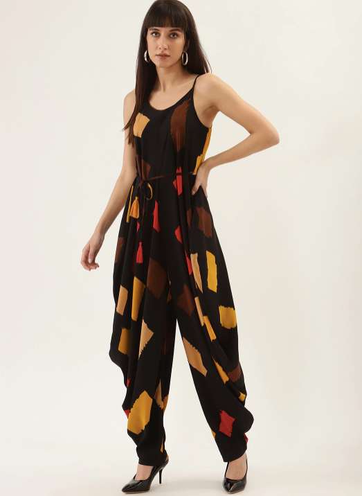 Black Sleeveless Printed Dhoti Jumpsuit vitansethnics