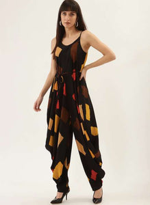 Black Sleeveless Printed Dhoti Jumpsuit vitansethnics