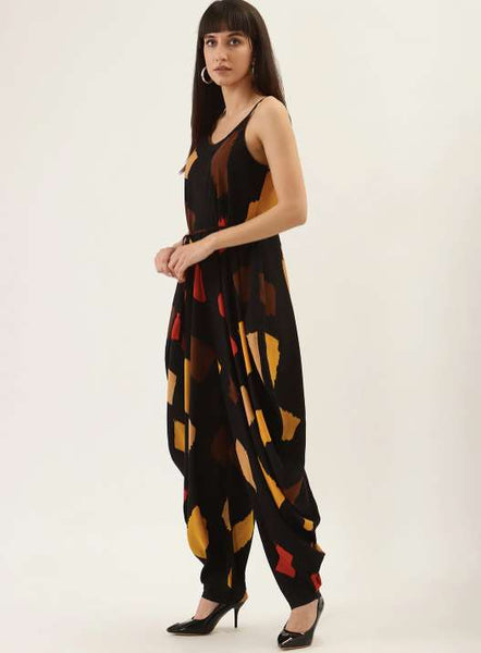 Black Sleeveless Printed Dhoti Jumpsuit vitansethnics