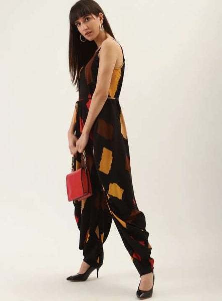 Black Sleeveless Printed Dhoti Jumpsuit vitansethnics