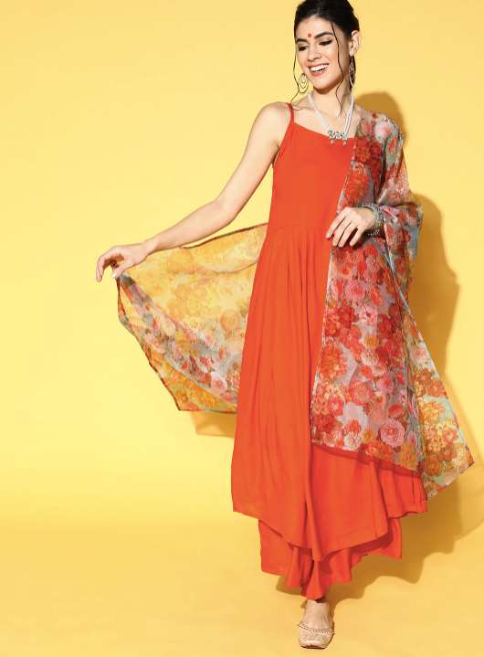 Orange Solid Kurta with Palazzos & Floral Print Dupatta vitansethnics