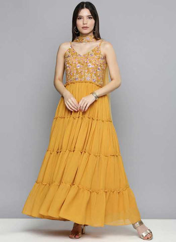 Embroidered Georgette Tiered Kurta with Dupatta vitansethnics