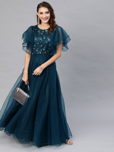 Embellished Maxi Dress With Flutter Sleeves vitansethnics