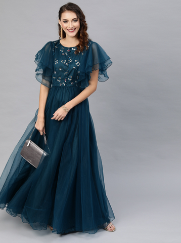Embellished Maxi Dress With Flutter Sleeves vitansethnics