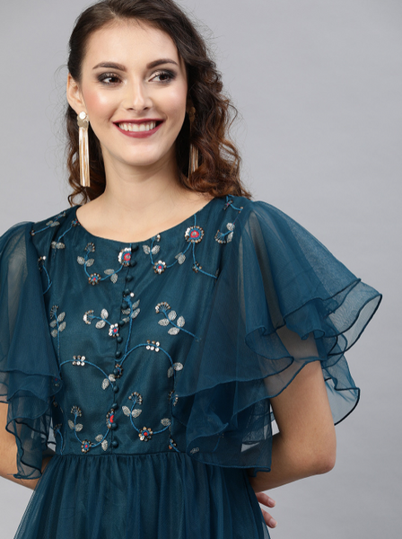 Embellished Maxi Dress With Flutter Sleeves vitansethnics