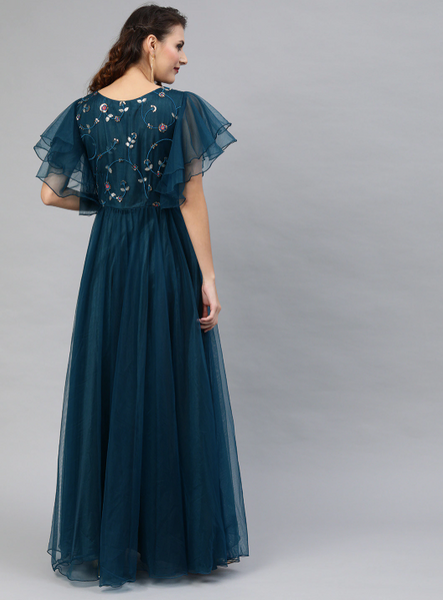 Embellished Maxi Dress With Flutter Sleeves vitansethnics