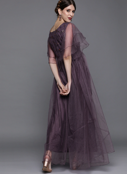 Embellished Maxi Dress With Flutter Sleeves vitansethnics