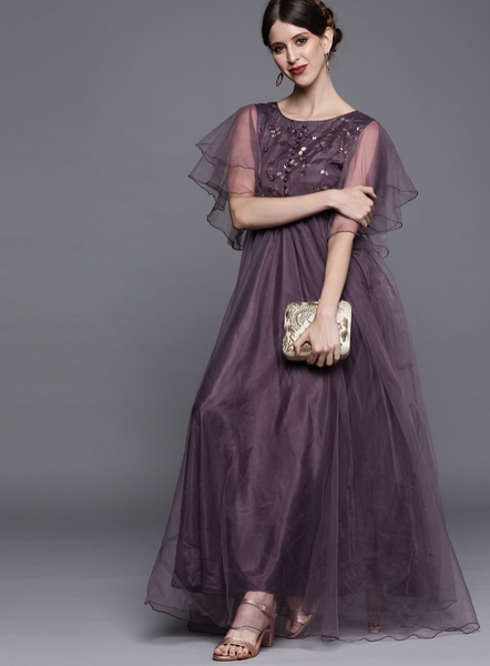 Embellished Maxi Dress With Flutter Sleeves vitansethnics