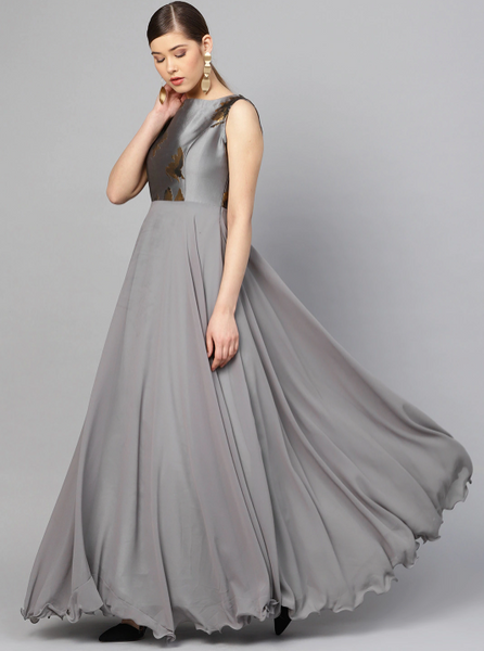 Grey Woven Yoke Design Gown vitansethnics