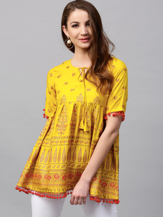 Mustard Yellow & Red Empire A-Line Kurti vitansethnics