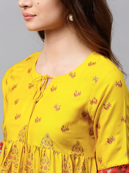 Mustard Yellow & Red Empire A-Line Kurti vitansethnics