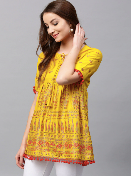 Mustard Yellow & Red Empire A-Line Kurti vitansethnics