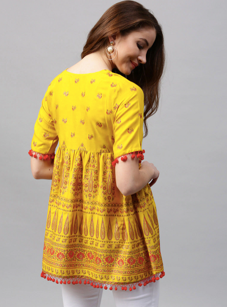 Mustard Yellow & Red Empire A-Line Kurti vitansethnics