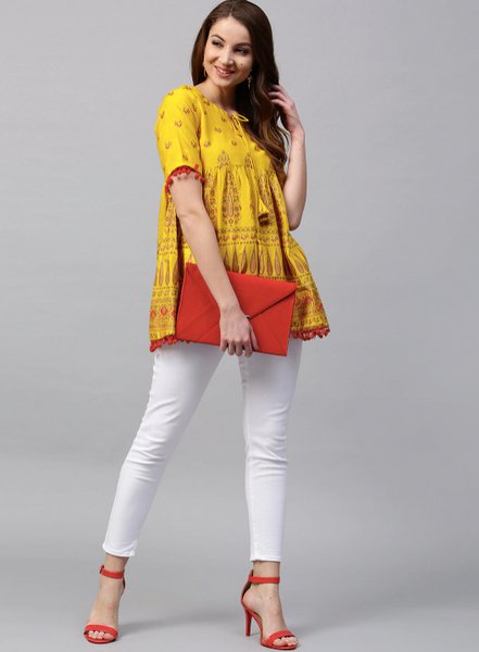 Mustard Yellow & Red Empire A-Line Kurti vitansethnics