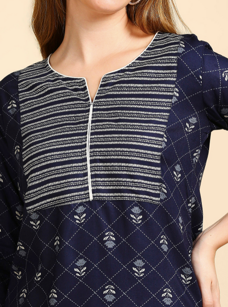 Navy Blue & White Printed Kurti vitansethnics